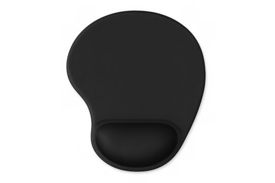 Black ergonomic mouse pad resting on transparent background