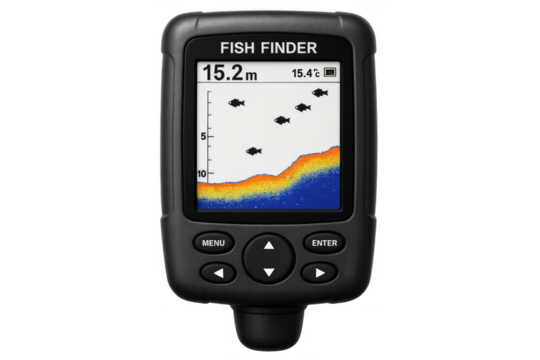 Fish finder showing fish icons, depth and temperature on transparent background