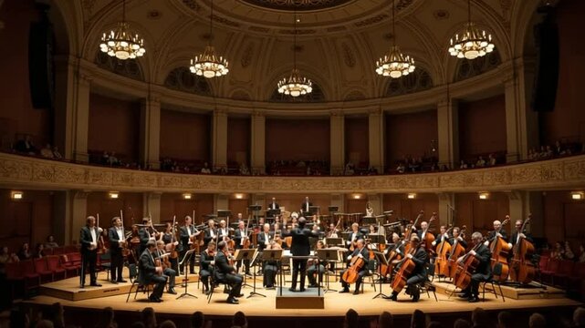 Symphony Orchestra Performing on Stage in Elegant Concert Hall