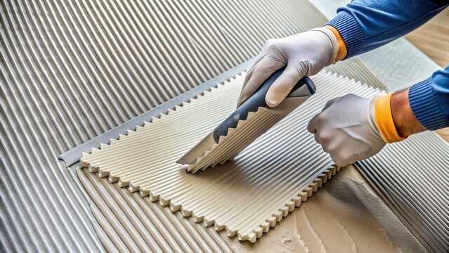 A notched trowel applies adhesive mortar onto an XPS board with visible rows of notches, creating a textured surface for bonding , xps board, building material