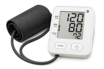 Digital blood pressure monitor showing normal blood pressure on transparent background