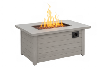 Modern outdoor fire pit table burning with bright flames on transparent background