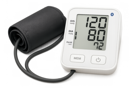 Digital blood pressure monitor showing normal blood pressure on transparent background