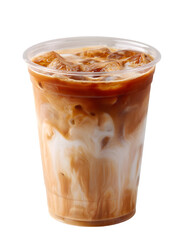 iced coffee with cubes in plastic cup on transparent background