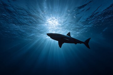 Powerful silhouette of a great white shark viewed from below, against the sunlit surface of the ocean, sun rays piercing the water, dramatic and intimidating, minimalist wildlife photography