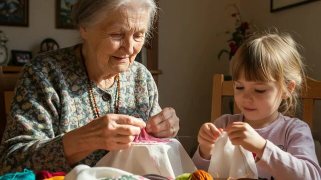 Elderly woman teaching young girl needlework, intergenerational bonding and traditional craft