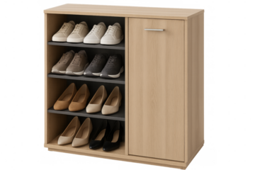 Modern shoe storage cabinet with various footwear on transparent background