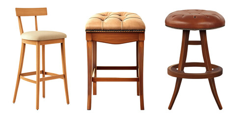 Set of three different bar stools with distinctive silhouettes. Each element is separately isolated
