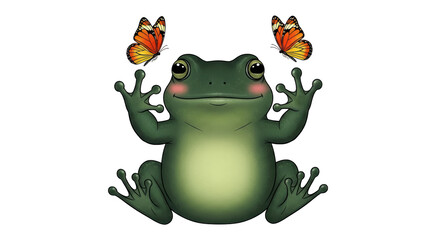 Isolated Happy Green Frog with Butterflies