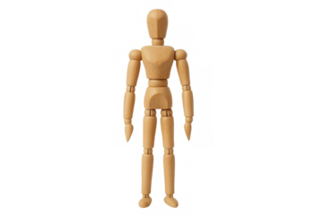 Wooden mannequin standing on transparent background
