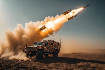 Fototapeta premium Dramatic Image of Missile Launch from Military Vehicle in Desert