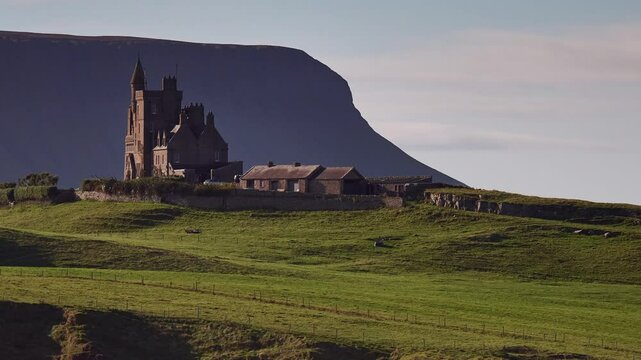 Classiebawn Castle with Benbulben mountain in the background on a clear day, County Sligo, Ireland