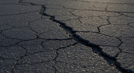 Obraz premium Cracked Asphalt Texture: A Close-Up View of a Dark, Weathered Surface