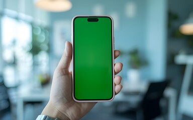Hand holding smartphone with green screen in modern office background