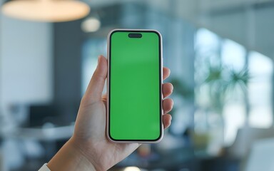 Hand holding smartphone with green screen in modern office background