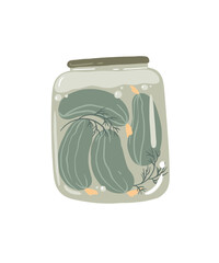  Pickles in a glass jar, canned food cucumber.  Hand drawn food illustration.