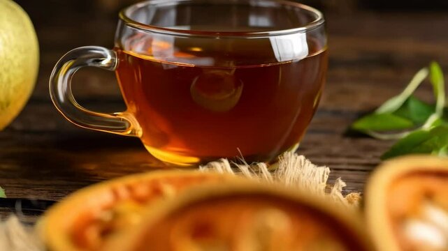 Still life of herbal tea in a glass cup with dried bael fruit slices on a rustic wooden surface in warm lighting for wellness concept.