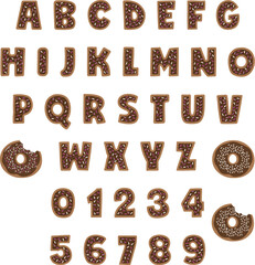 Fototapeta premium Delicious Doughnut Alphabet and Number Set: Sweet, edible alphabet letters and numbers, beautifully crafted from delicious chocolate, with a bitten doughnut, bringing a playful and tasty touch.