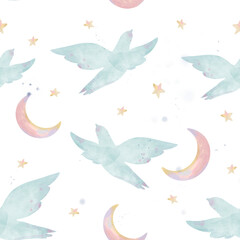 Water colour seamless pattern with blue birds, stars and moon. Textile. Wrapping paper. 