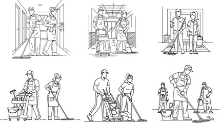 vector line art of some janitor and cleaners