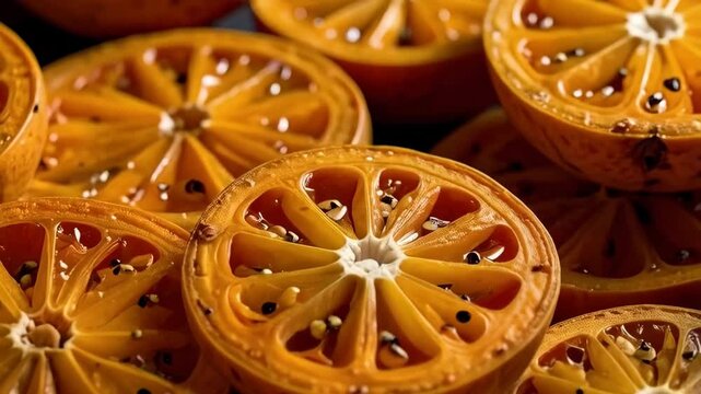 Close-up of cut open naranjilla fruits displaying orange pulp, seed compartments, and black and white seeds in artistic arrangement
