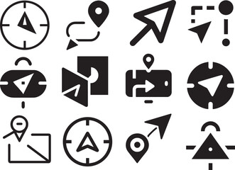 A collection of clean, vector-based icons related to navigation and wayfinding, depicting various compasses, location markers, and directional elements.
