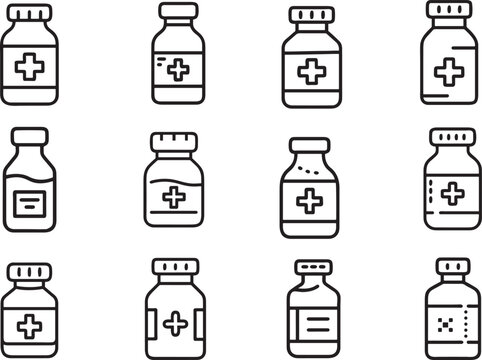 Twelve diverse minimalist pill bottle icons with pharmaceutical cross symbol in a simple line art style.