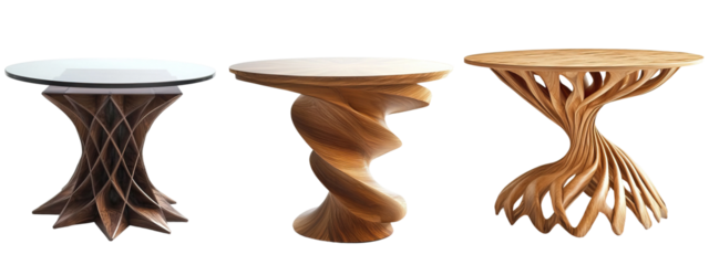 Set of three different dining tables with unique base designs. Each element is separately isolated on white