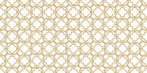 Vector abstract seamless pattern. Luxury golden ornament texture with curved grid, mesh, wavy lattice, floral shapes. Gold and white ornamental background in oriental style. Repeated all-over design