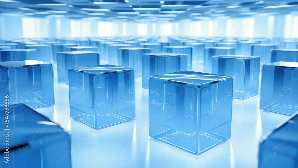 Poster translucent blue cubes array. many glass blocks on bright light surface. abstract background. clean 