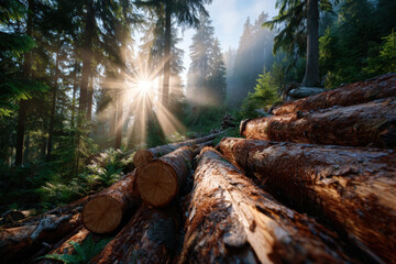 Fototapeta premium Sunlight filters through trees over fallen logs in a serene forest setting
