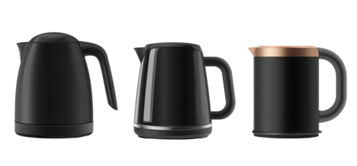 Set of three different electric kettles with modern silhouettes. Each element is separately isolated on white