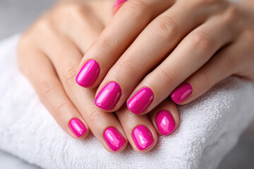 Elegant hands with bright pink nail polish resting on a white towel in a salon setting
