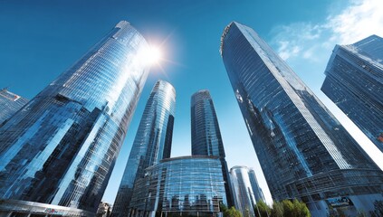 Skyscrapers against a vivid blue sky emphasizing urban development and architectural prowess.