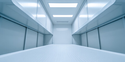 Obraz premium A futuristic, empty, metallic passageway is illuminated by bright lights. Modern, industrial design