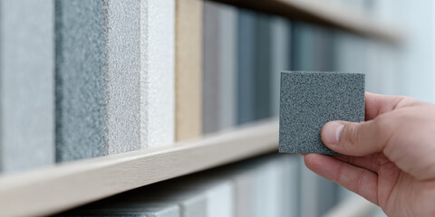 A person holds a gray stone or tile sample in front of a shelf filled with similar samples. Concept: selection, choice, material options