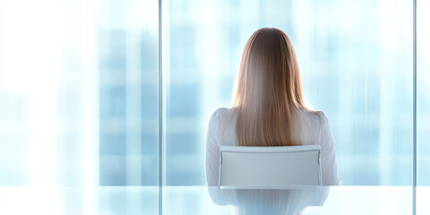 A woman with long hair sits in a chair facing a large glass window, back view. Solitude, contemplation, modern office