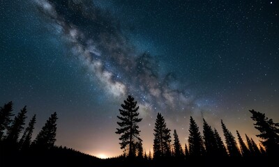 Fototapeta premium Starry night sky with the Milky Way visible above a silhouette of tall pine trees during the final light of dusk.