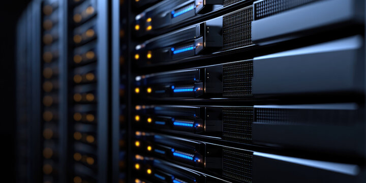 Server racks line up in a dimly lit data center, with glowing lights indicating activity. Technology and data storage - Powered by Adobe