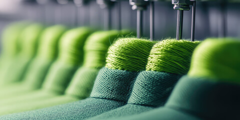Spools of green thread are neatly lined up on a textile machinery. Industrial textile production, focus on sewing thread