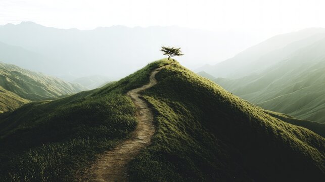 Serene Mountain Path Winding to Summit at Sunrise - Powered by Adobe