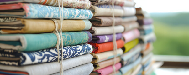 Stacks of colorful folded fabrics tied with strings are neatly arranged. Fabric collection, crafting materials