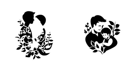 Black icon representing love and family with floral elements showcasing a couple and a father with child