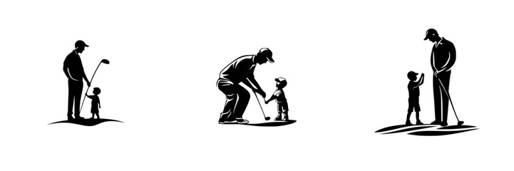 Father and child learning and enjoying golf together in a playful outdoor setting
