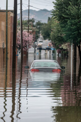 Rear view of grey car deep in floodwaters on street with blurred background of houses and hills