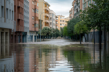 Fototapeta premium Residential avenue overwhelmed by deep floodwaters flowing between buildings and trees in urban neighborhood after heavy rainfall