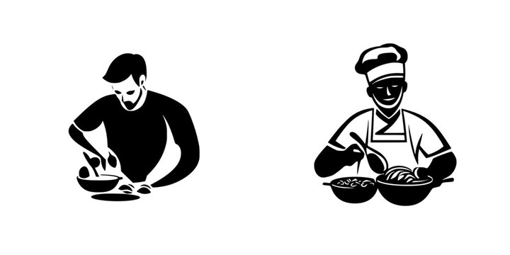 Black icon depicting two chefs engaged in food preparation and cooking activities in a minimalist style