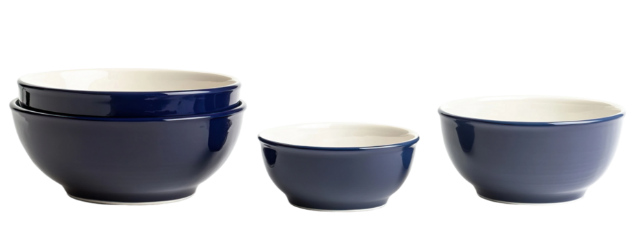 Set of three different mixing bowls in graduated sizes. Each element is separately isolated on white