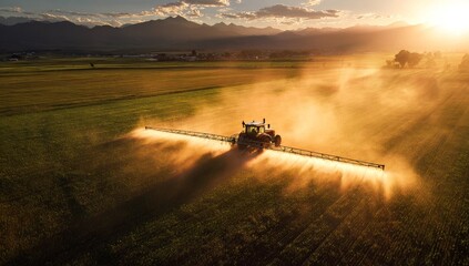 Agricultural spraying at sunset A tractor sprays crops under a golden sky, ensuring a healthy harvest.