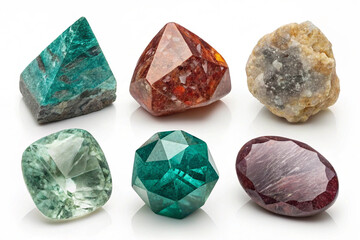 Six diverse gemstones arranged in two rows, showcasing a variety of shapes, colors, and cuts—including pyramidal teal, faceted reddish-brown, rough beige, cushion-cut light green, round teal, and oval